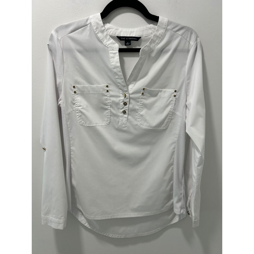 Zac & Rachel Womens White Roll Tab Sleeve Button Up Blouse Gold Stud Accents S